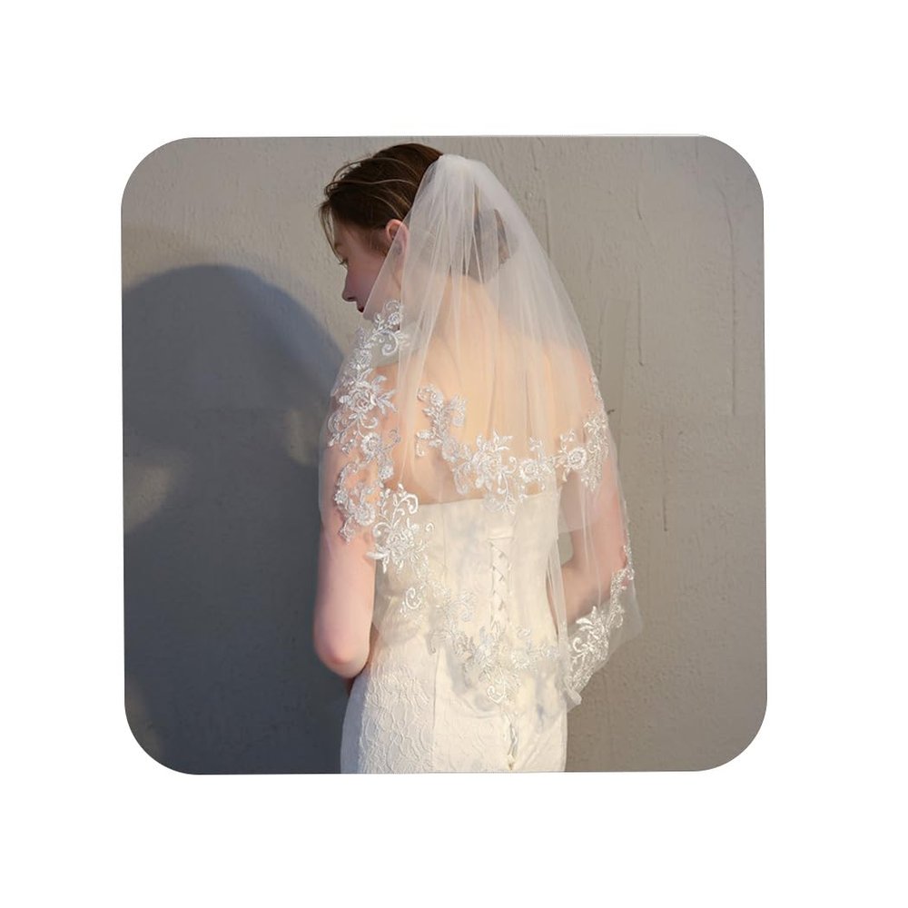 Aularso 2Tier Lace Wedding Veil Floral Bridal Veil Short White Veils Sparkle Wedding Veil for Brides (White)
