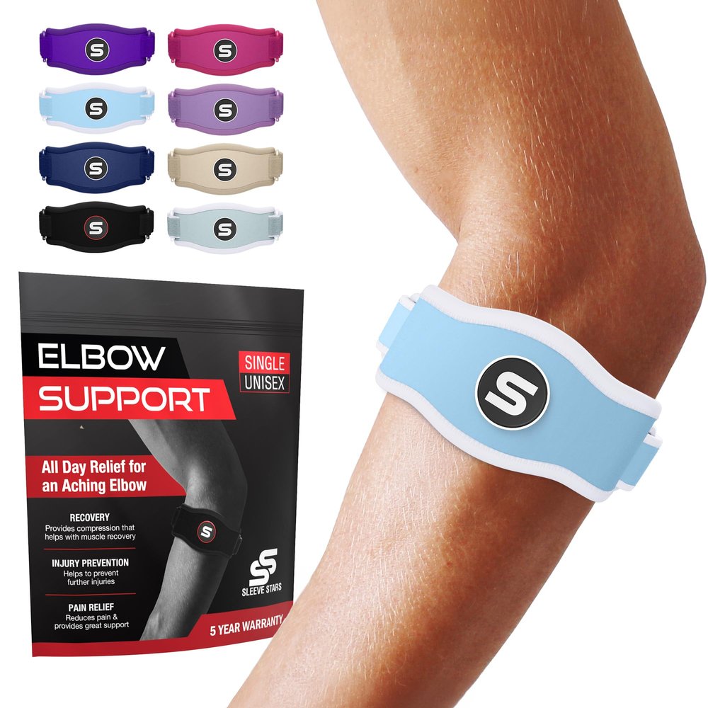 Sleeve Stars Tennis Elbow Brace for Men & Women, Elbow Brace for Tendonitis, Tennis Elbow Strap, Golfers Elbow Brace, Elbow Support Wrap for Tennis Elbow Relief, Fits 9"-23" (Single/Light Blue)
