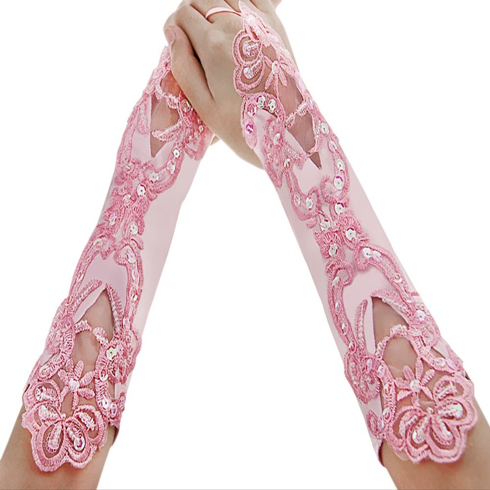 IPENNY Flower Girl Lace Wedding Wrist Long Gloves, Satin Fingerless Dress Gloves with Beaded Sequins for Formal Pageant Ages 8 to 15 Years