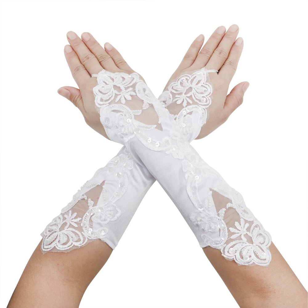 IPENNY Flower Girl Lace Wedding Wrist Long Gloves, Satin Fingerless Dress Gloves with Beaded Sequins for Formal Pageant Ages 8 to 15 Years