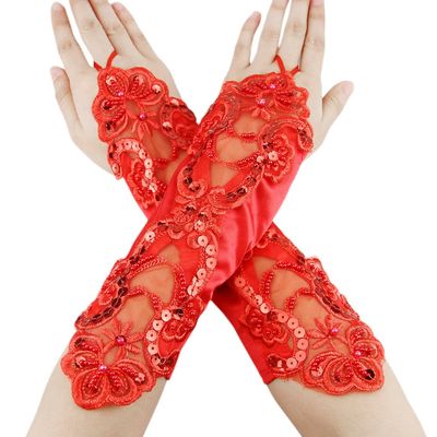 IPENNY Flower Girl Lace Wedding Wrist Long Gloves, Satin Fingerless Dress Gloves with Beaded Sequins for Formal Pageant Ages 8 to 15 Years