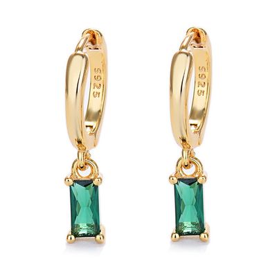 14K Gold Plated Cuff Small Hoop With Mini Green CZ Charm Drop Cartilage Earrings for Women Teen Girls Sensitive Ear 925 Sterling Silver Post Huggie Hinged Hoops Crystal Tiny Piercing Tragus Hooped
