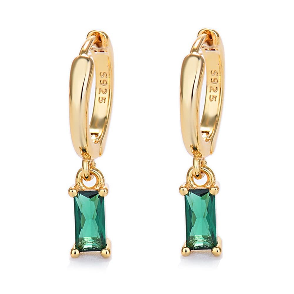 14K Gold Plated Cuff Small Hoop With Mini Green CZ Charm Drop Cartilage Earrings for Women Teen Girls Sensitive Ear 925 Sterling Silver Post Huggie Hinged Hoops Crystal Tiny Piercing Tragus Hooped