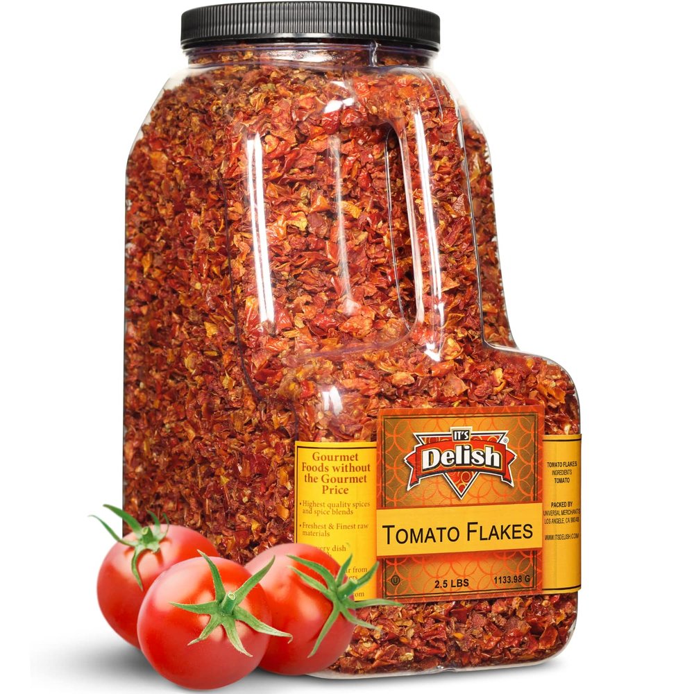Dehydrated Dried Tomato Flakes by It's Delish  2.5 LBS Bulk Restaurant Gallon Size Container Jug with Handle  Dried Natural Tomatoes Ready to Cook  Great for Home Cooking, Camping & Backpacking