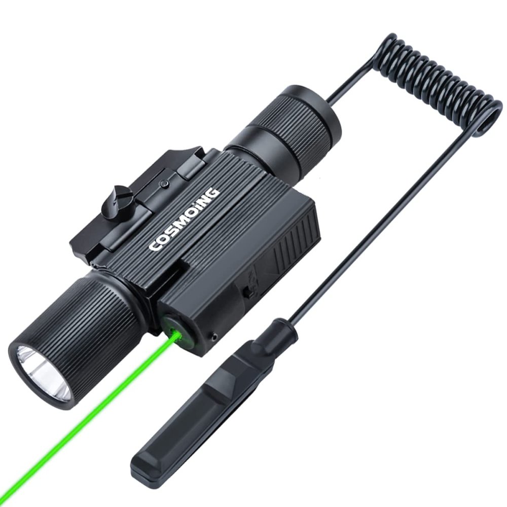COSMOING Green Laser Sight Combo, 800 Lumens Tactical Long Gun Flashlight 4 Modes Rail Mounted for Pistol Rifles with Remote Pressure Switch