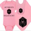 Gaming Baby Onesie and Bib - My Parents Rolled A Crit - Solid D20 Die (6-12 Month - Pink Fabric - Black Design) view 1
