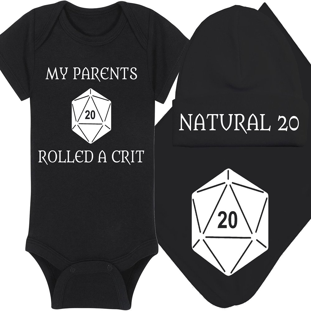 Gaming Baby Onesie and Hat - My Parents Rolled A Crit - Natural 20 (0-3 Month - Black Fabric - White Design)