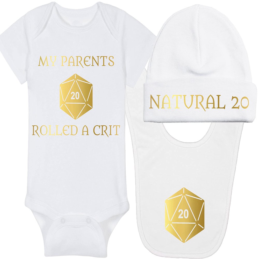 Gaming Baby Onesie and Bib - My Parents Rolled A Crit - Solid D20 Die (3-6 Month - White Fabric - Gold Design)