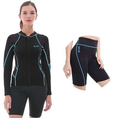 GoldFin Women Wetsuit Top & Shorts, 2mm Neoprene Wetsuit Jacket Shorts for Water Aerobics Diving Surfing Boating in Cold Water (Tops S, Shorts M)