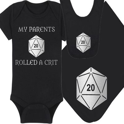 Gaming Baby Onesie and Hat - My Parents Rolled A Crit - Natural 20 (0-3 Month - Black Fabric - Silver Design)