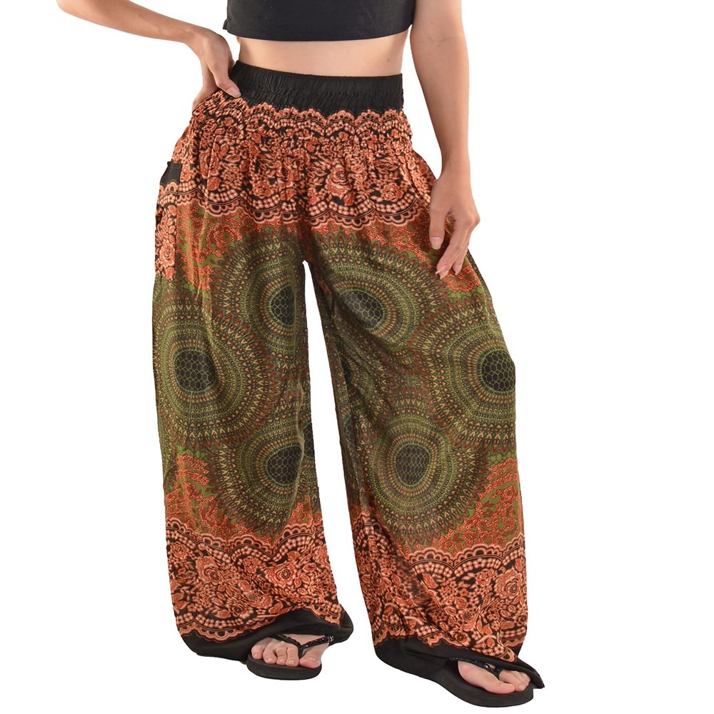 Orient Trail Open Ankle Wide Leg Harem Pants with Pocket - Yoga Flowy Pants for Women Large Mandela Olive