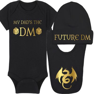 Gaming Baby Onesie and Bib - My Dad's The DM - Dragon (6-12 Month - Black Fabric - Gold Design)