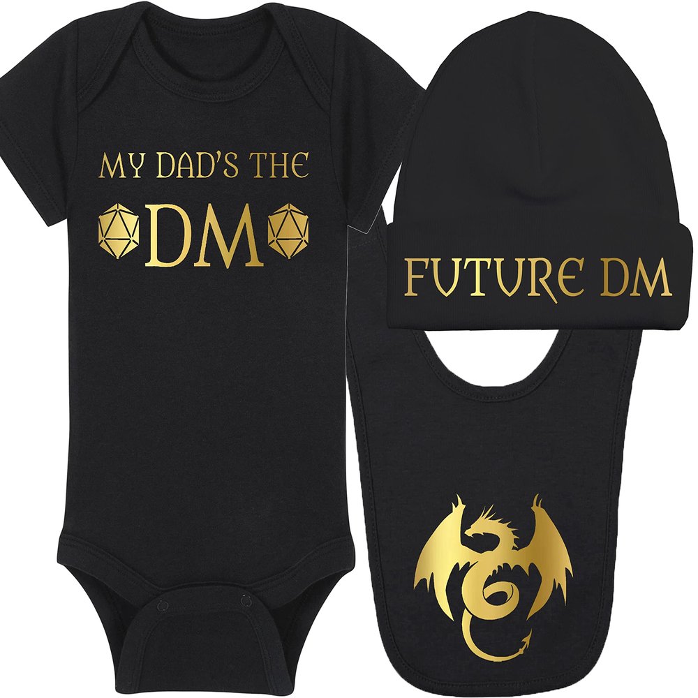 Gaming Baby Onesie and Bib - My Dad's The DM - Dragon (6-12 Month - Black Fabric - Gold Design)