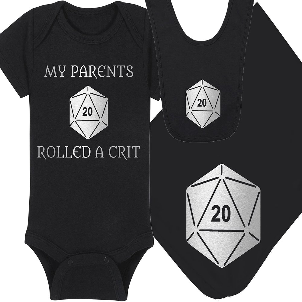 Gaming Baby Onesie and Bib - My Parents Rolled A Crit - Solid D20 Die (0-3 Month - Black Fabric - Silver Design)