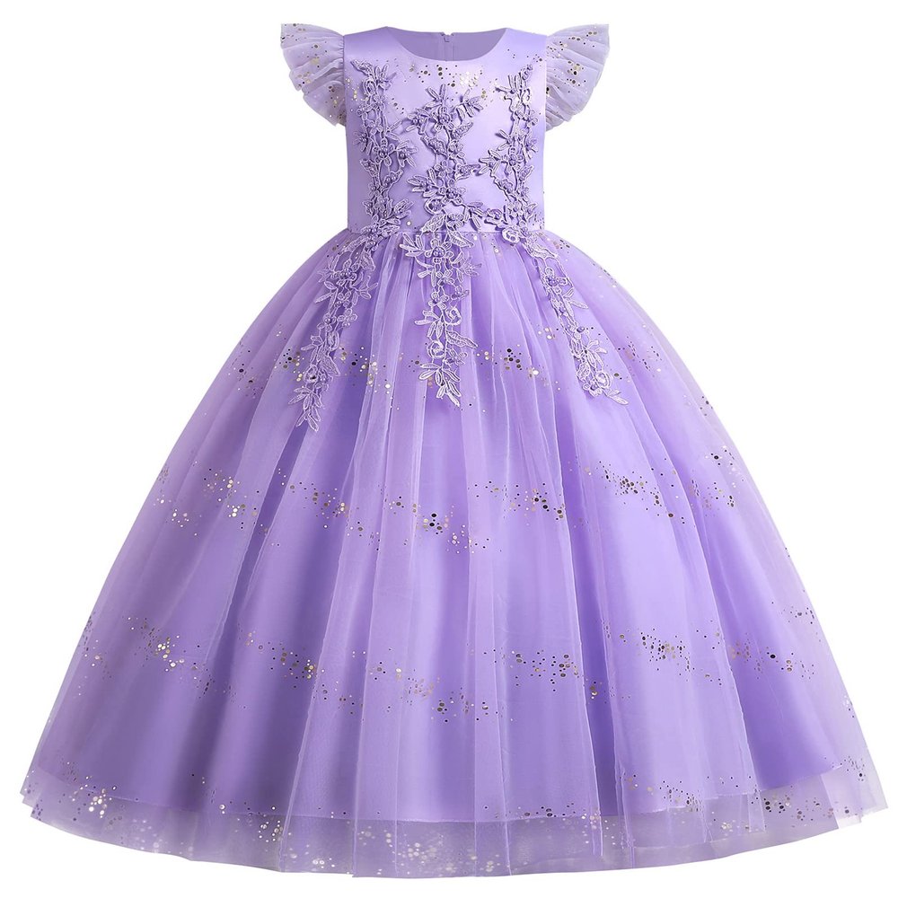 IWEMEK Fly Sleeves Flower Girls Embroidery Long Sparkly Sequin Princess Dress Bridesmaid Pageant Evening Gown Birthday Wedding Party Floor Length Gown Tulle Maxi Dress Purple 13-14 Years