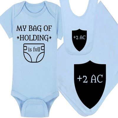 Gaming Baby Onesie and Bib - My Bag Of Holding Is Full - Shield +2 AC (12-18 Month - Blue Fabric - Black Design)
