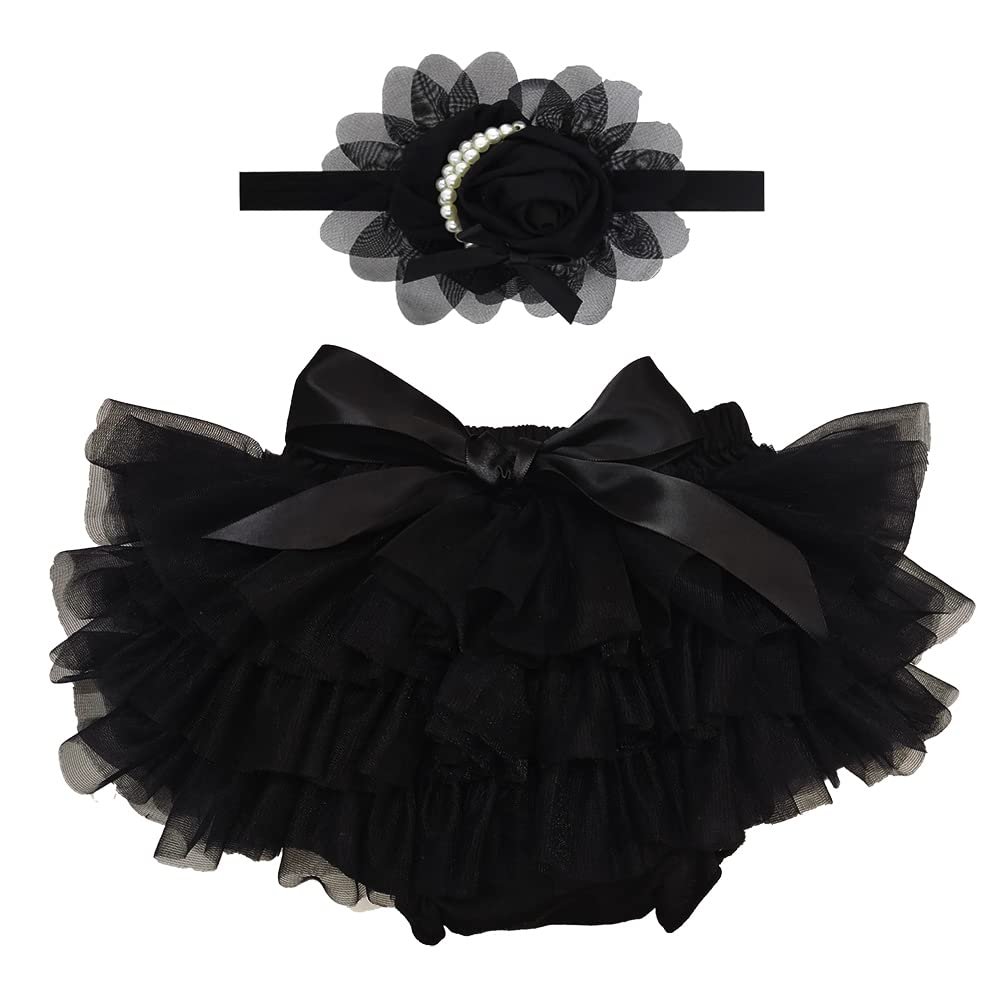 babygdesigns Baby Girl Black Tutu Soft and Fluffy - Baby Girl Tutu Skirt with Diaper Cover - Infant Tutu with 2 Headbands - Tutus for Girls