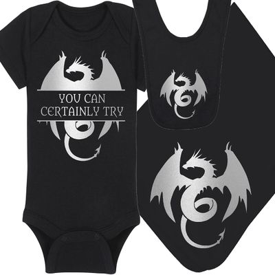Gaming Baby Onesie and Bib - You Can Certainly Try - Dragon (0-3 Month - Black Fabric - Silver Design)