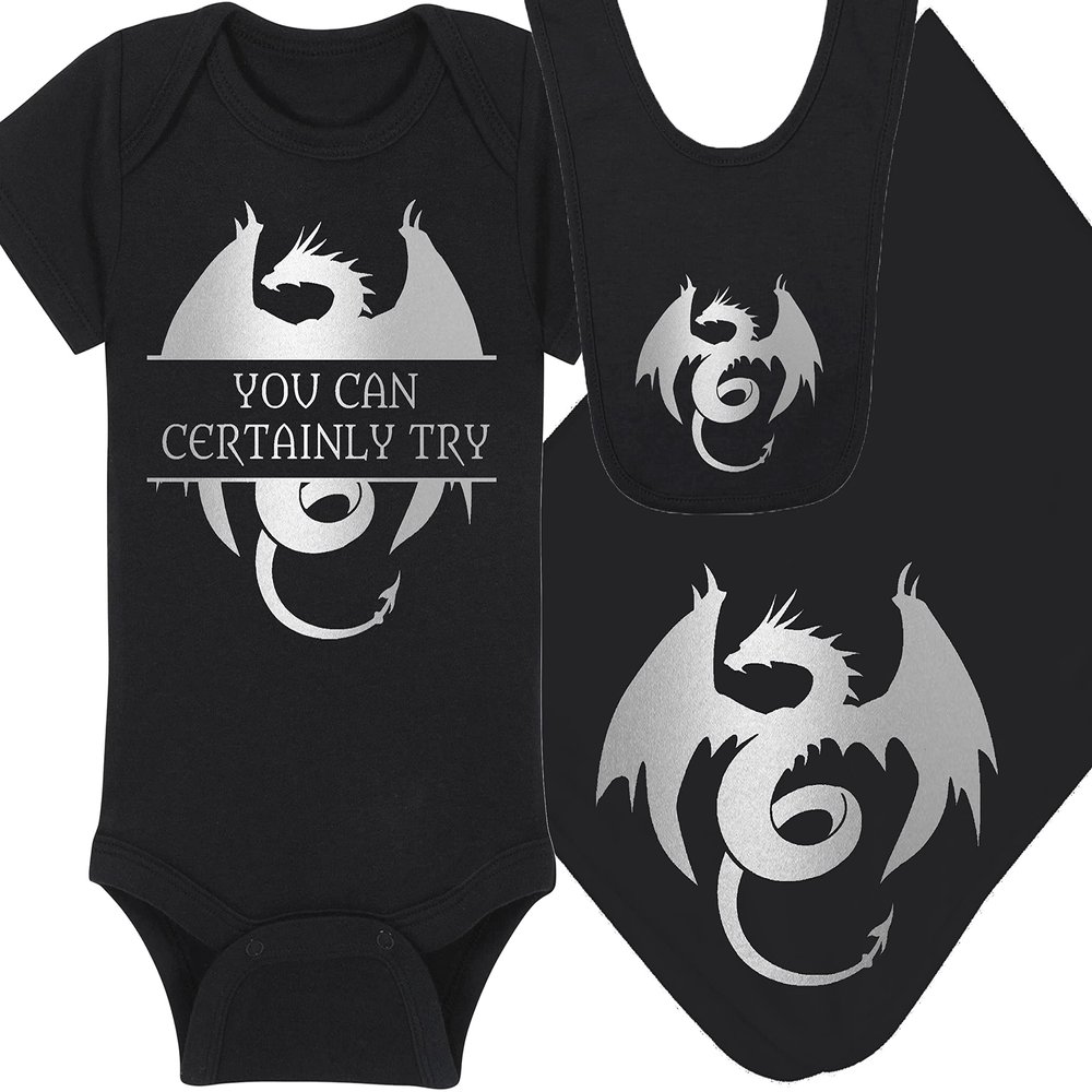 Gaming Baby Onesie and Bib - You Can Certainly Try - Dragon (0-3 Month - Black Fabric - Silver Design)