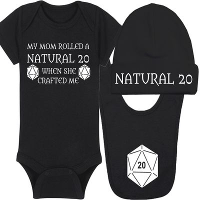 Gaming Baby Onesie - My Mom Rolled A Natural 20 When She Crafted Me (12-18 Month - Black Fabric - White Design)