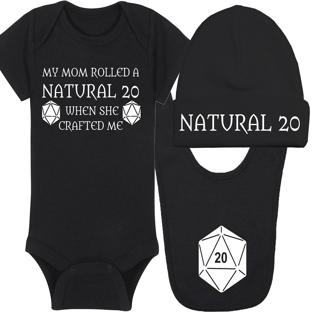 Gaming Baby Onesie - My Mom Rolled A Natural 20 When She Crafted Me (12-18 Month - Black Fabric - White Design)