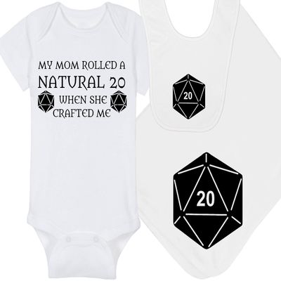 Gaming Baby Onesie and Blanket - My Mom Rolled A Natural 20 When She Crafted Me - Solid D20 Die (0-3 Month - White Fabric - Black Design)