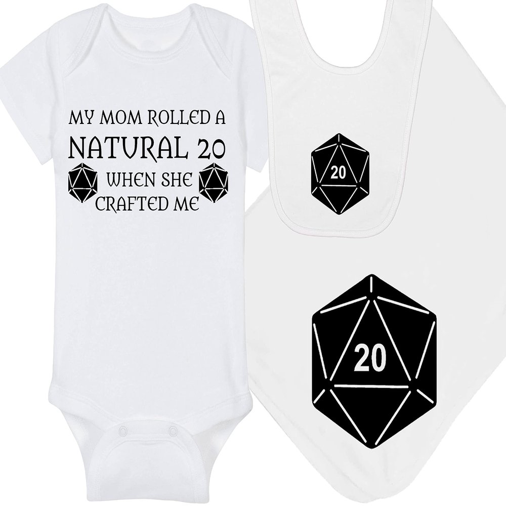 Gaming Baby Onesie and Blanket - My Mom Rolled A Natural 20 When She Crafted Me - Solid D20 Die (0-3 Month - White Fabric - Black Design)
