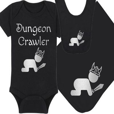 Gaming Baby Onesie and Bib - Dungeon Crawler with Baby - Baby Crawling (6-12 Month - Black Fabric - Silver Design)