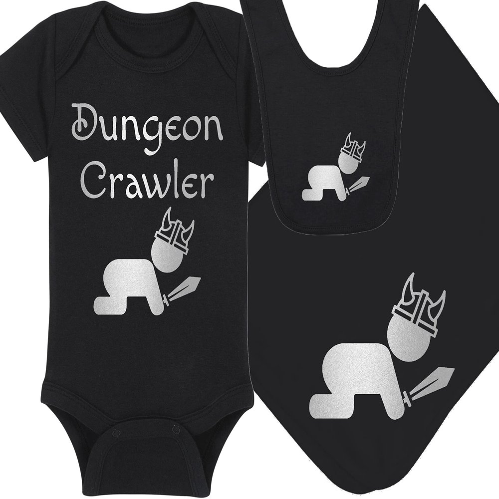 Gaming Baby Onesie and Bib - Dungeon Crawler with Baby - Baby Crawling (6-12 Month - Black Fabric - Silver Design)