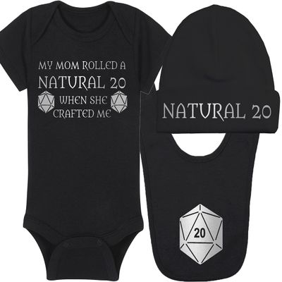 Gaming Baby Onesie and Blanket - My Mom Rolled A Natural 20 When She Crafted Me - Solid D20 Die (3-6 Month - Black Fabric - Silver Design)