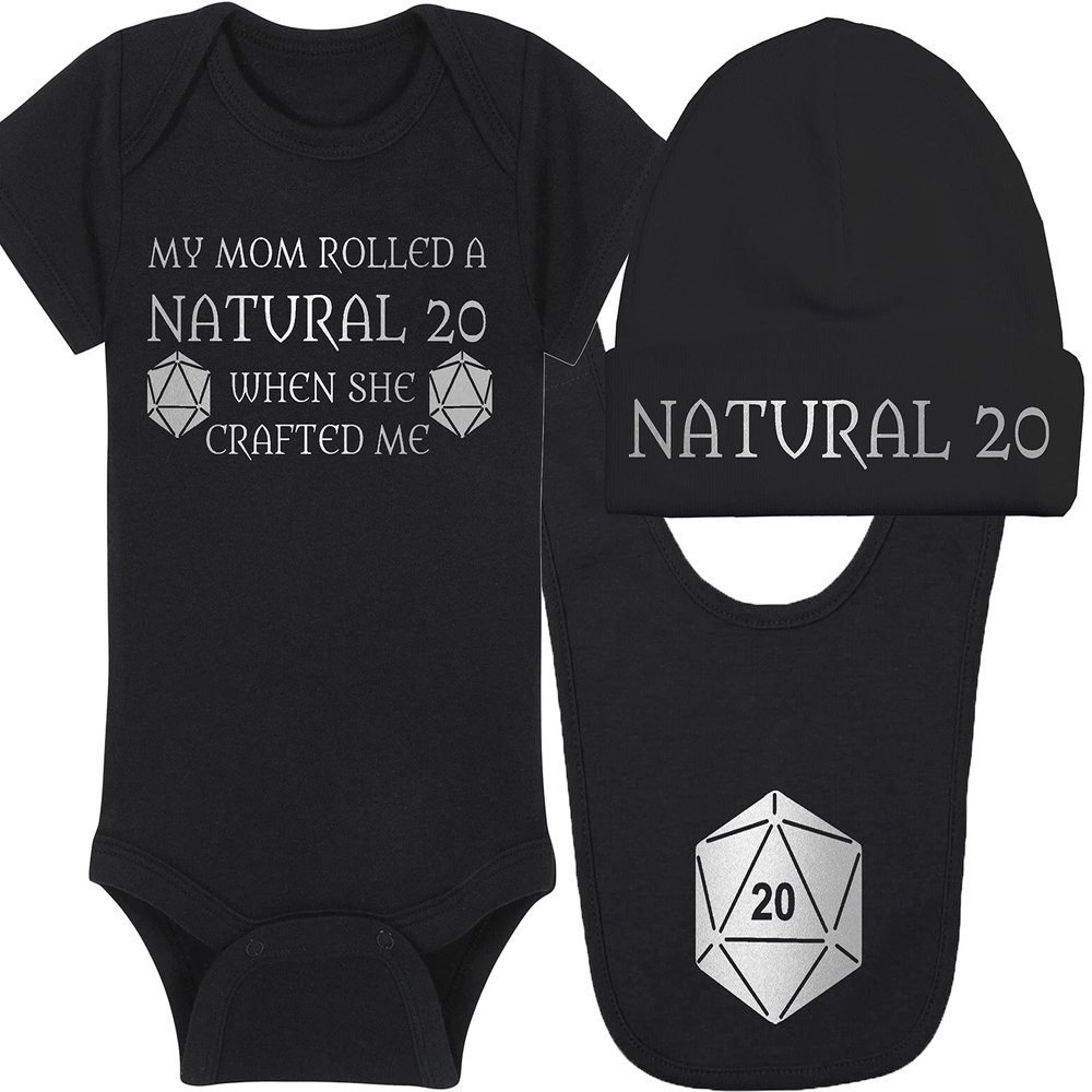 Gaming Baby Onesie and Blanket - My Mom Rolled A Natural 20 When She Crafted Me - Solid D20 Die (3-6 Month - Black Fabric - Silver Design)