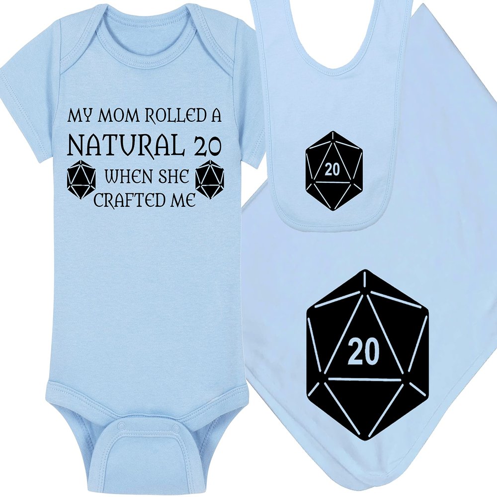 Gaming Baby Onesie - My Mom Rolled A Natural 20 When She Crafted Me (6-12 Month - Blue Fabric - Black Design)