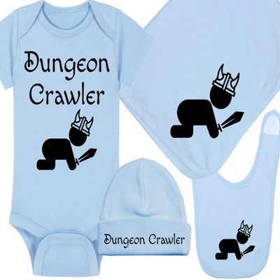 Gaming Baby Onesie and Hat - Dungeon Crawler with Baby - Dungeon Crawler (0-3 Month - Blue Fabric - Black Design)