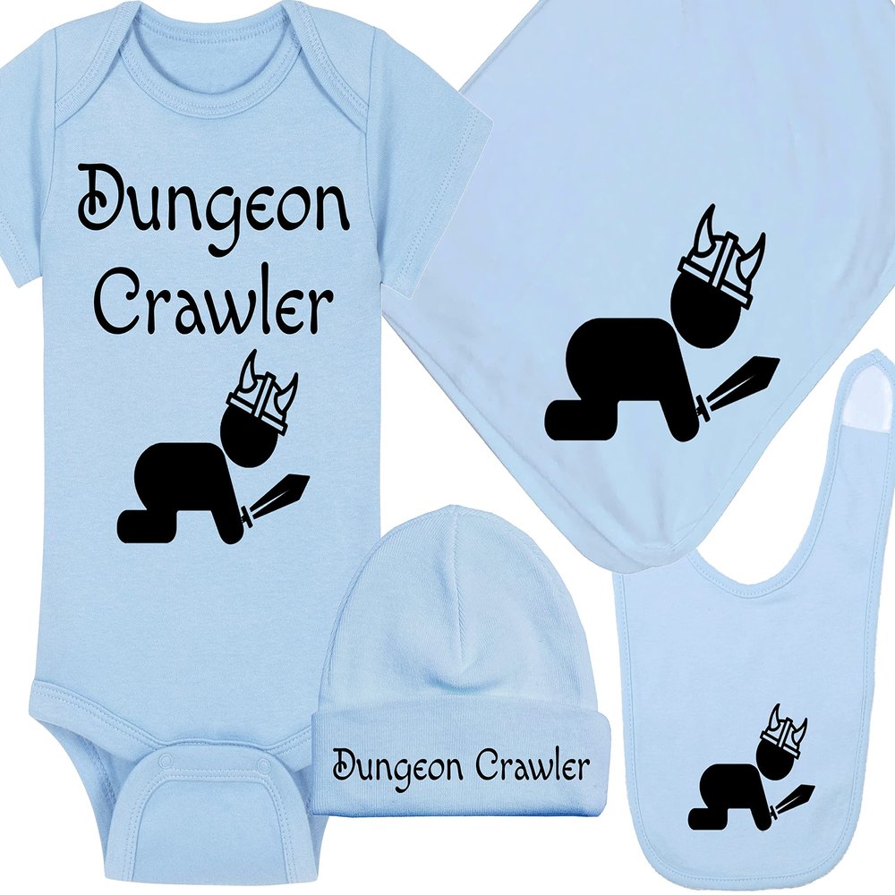 Gaming Baby Onesie and Hat - Dungeon Crawler with Baby - Dungeon Crawler (0-3 Month - Blue Fabric - Black Design)