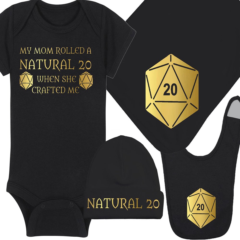 Gaming Baby Onesie and Bib - My Mom Rolled A Natural 20 When She Crafted Me - Solid D20 Die (3-6 Month - Black Fabric - Gold Design)