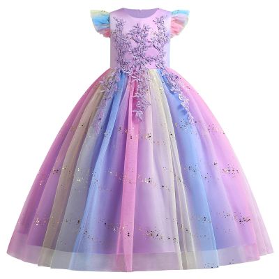 Fly Sleeves Flower Girls Embroidery Long Dress Sparkly Sequin Princess Dress Bridesmaid Pageant Evening Gown Birthday Rainbow Party Floor Length Gowns Tulle Maxi Dress Purple Rainbow 13-14 Years