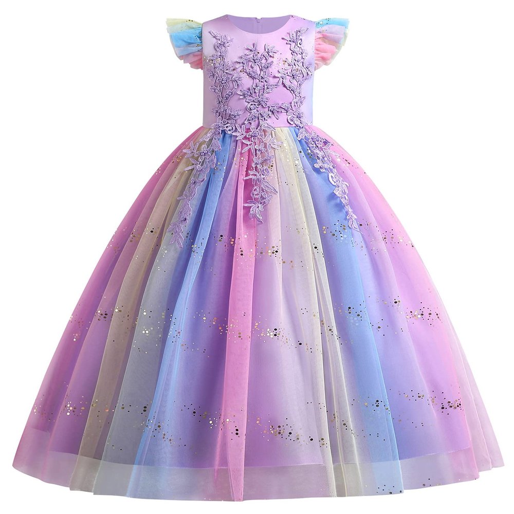 Fly Sleeves Flower Girls Embroidery Long Dress Sparkly Sequin Princess Dress Bridesmaid Pageant Evening Gown Birthday Rainbow Party Floor Length Gowns Tulle Maxi Dress Purple Rainbow 13-14 Years