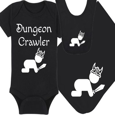 Gaming Baby Onesie - Dungeon Crawler with Baby (0-3 Month - Black Fabric - White Design)
