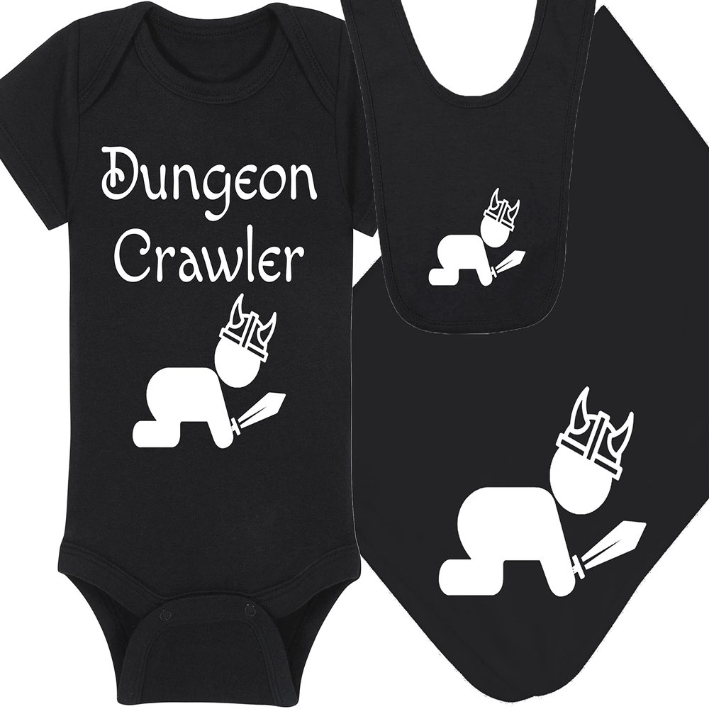 Gaming Baby Onesie - Dungeon Crawler with Baby (0-3 Month - Black Fabric - White Design)
