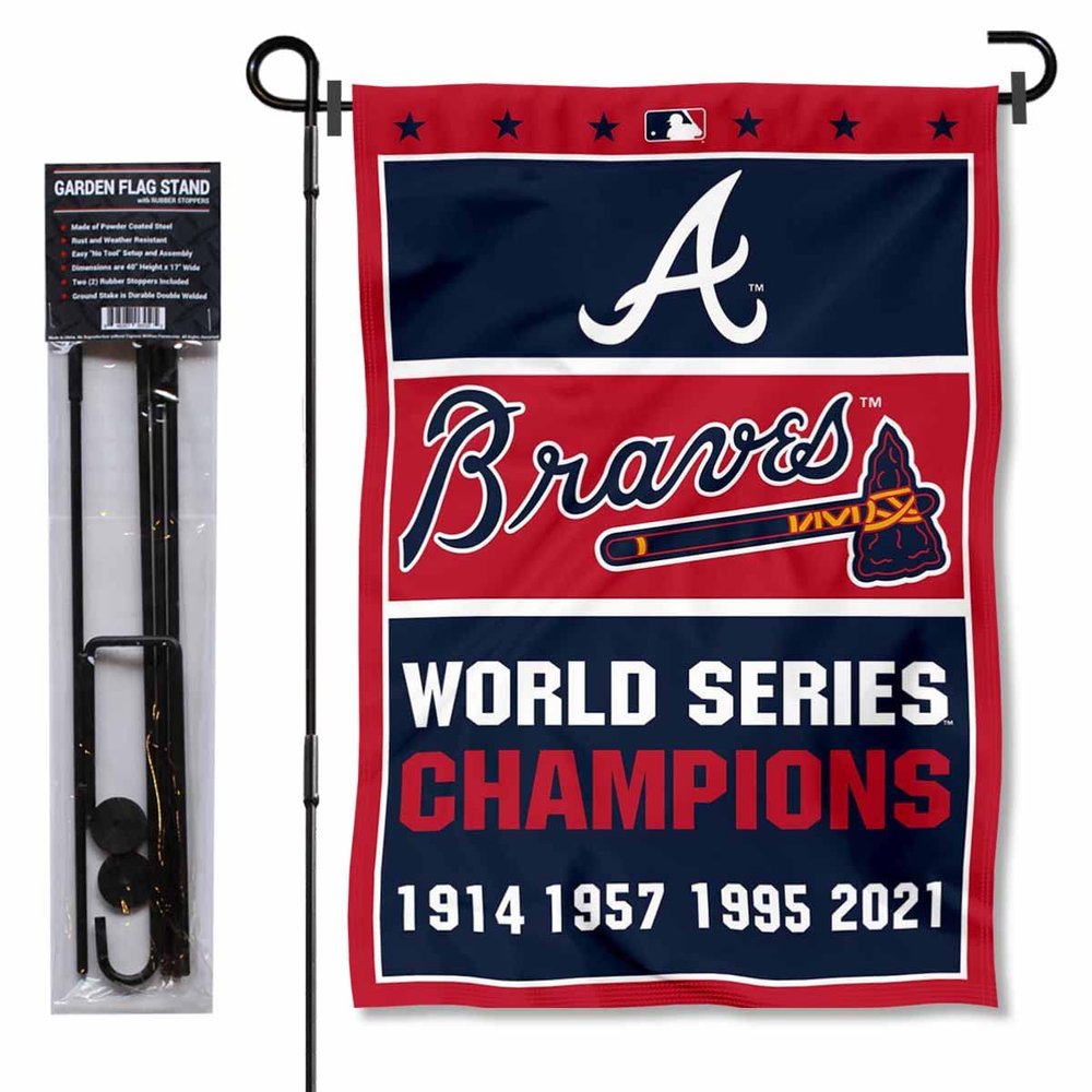 Atlanta Braves 4 Time Champions Garden Flag and Pole Stand Mount