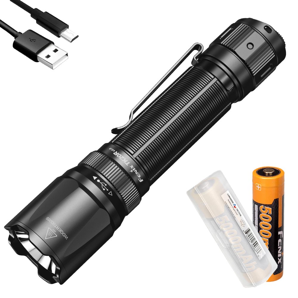 Fenix TK20R v2.0 3000 Lumen Rechargeable Tactical Flashlight, Long Throw with Two ARB-L21-5000 and LumenTac Organizer