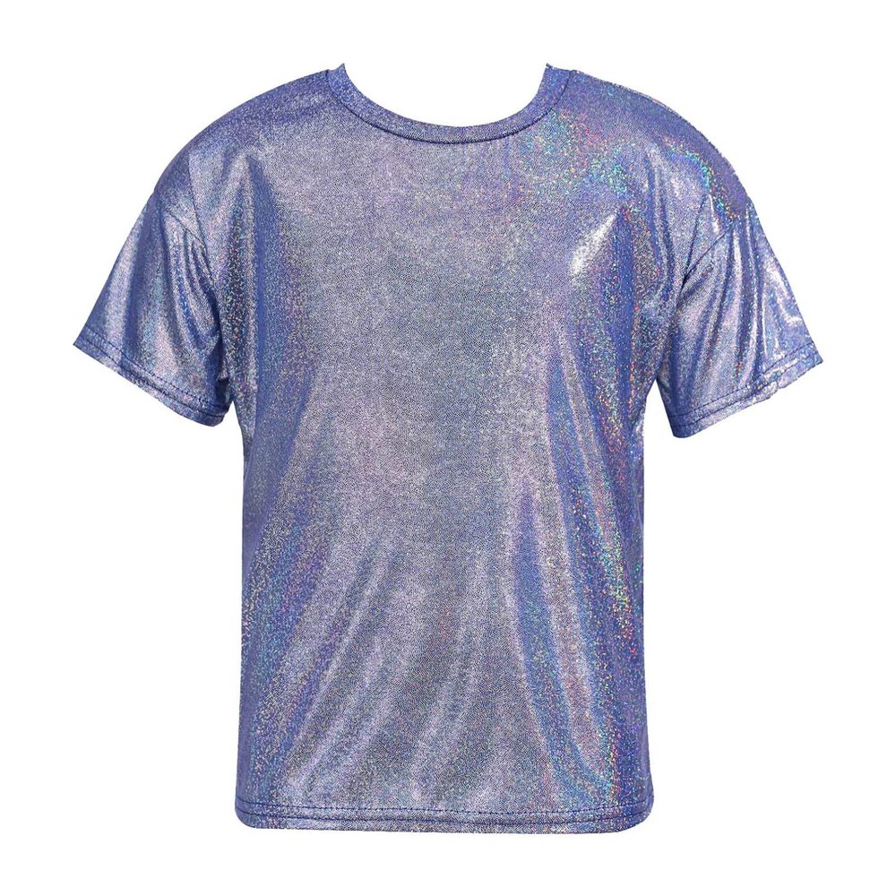 Jhaoyu Kids Girls Boys Short Sleeves Shiny Metallic Dance Top T-Shirt Modern Jazz Hip Hop Stage Performance Costume Royal Blue 3-4 Years