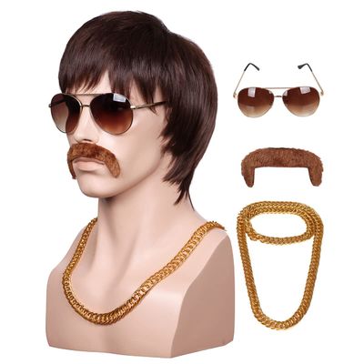 ColorGround 3-Pieces Chain and Moustache and Short Curly Wig for 70'S Disco Party (Brown Straight (4 pieces set))