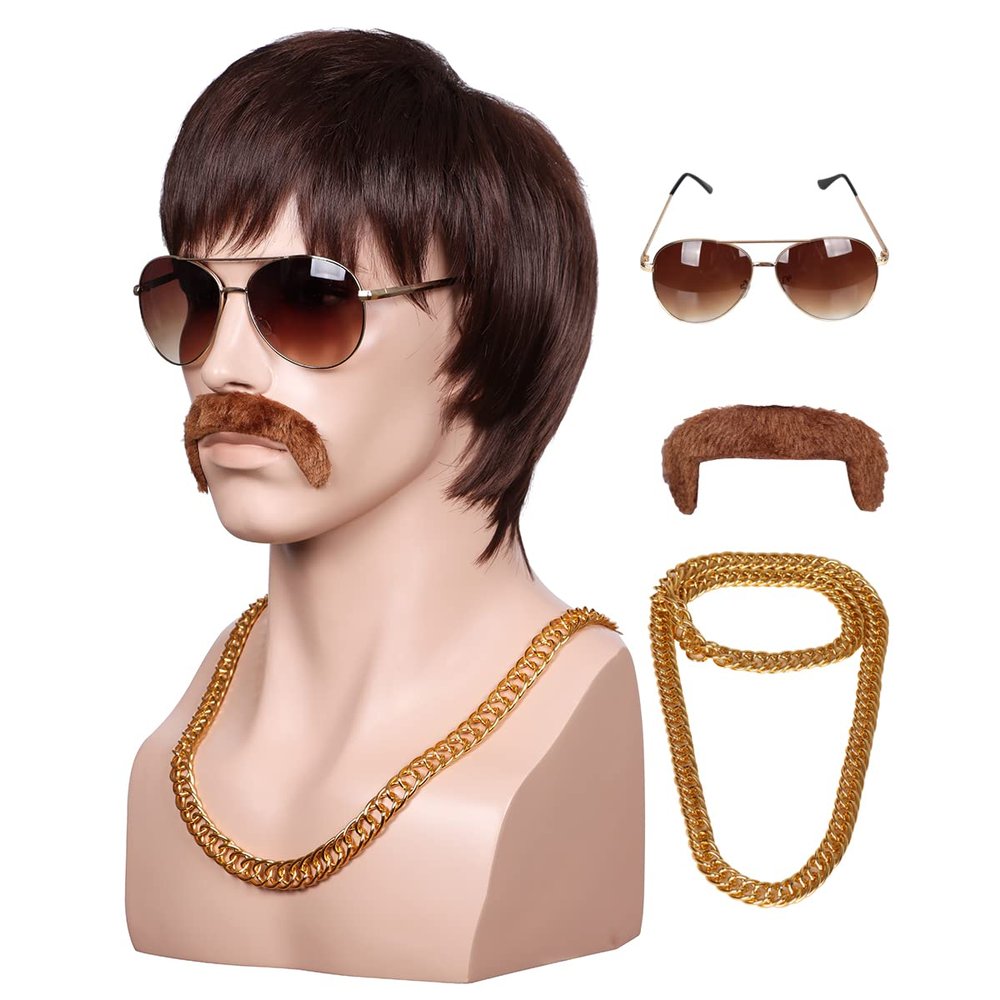 ColorGround 3-Pieces Chain and Moustache and Short Curly Wig for 70'S Disco Party (Brown Straight (4 pieces set))