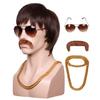 ColorGround 3-Pieces Chain and Moustache and Short Curly Wig for 70'S Disco Party (Brown Straight (4 pieces set)) view 1