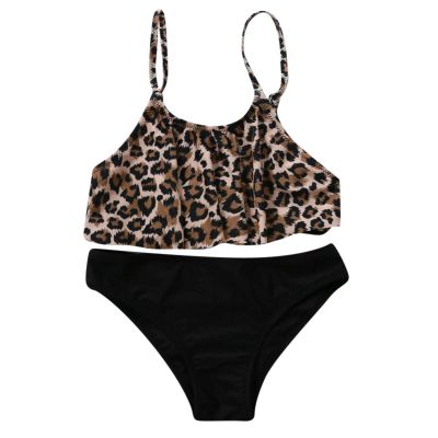 Toddler Infant Baby Girls Swimsuit Ruffle Leopard Print Tank Crop Tops Panties Bottoms Bathing Suit Two Piece Bikini Black