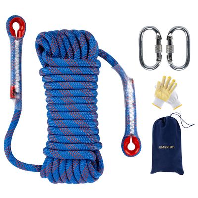 EMEKIAN 14 mm Blue Indoor Outdoor Climbing Rope, 20 M (65 ft) Static Rock Climbing Rope for Escape Rope, Ice Climbing Equipment, Fire Safety Rescue Rope, with Non Slip Gloves