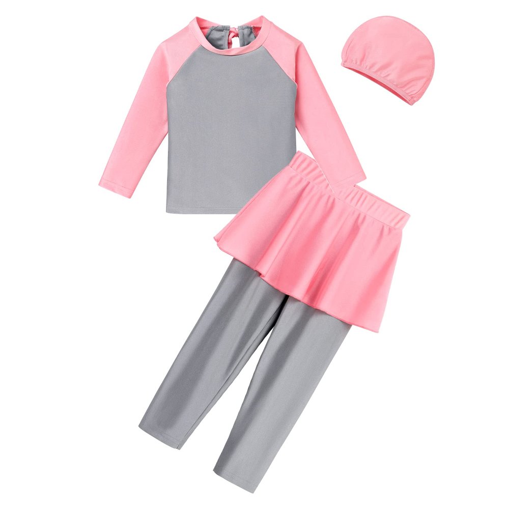 Mommy and Me Swimsuits Rash Guard Bathing Suit Long Sleeve Swim Shirt+Pants + Cap UV Sun Protection Modest Swimwear Burkini Outfit 3PCS Set Gray+Pink 3-4 T