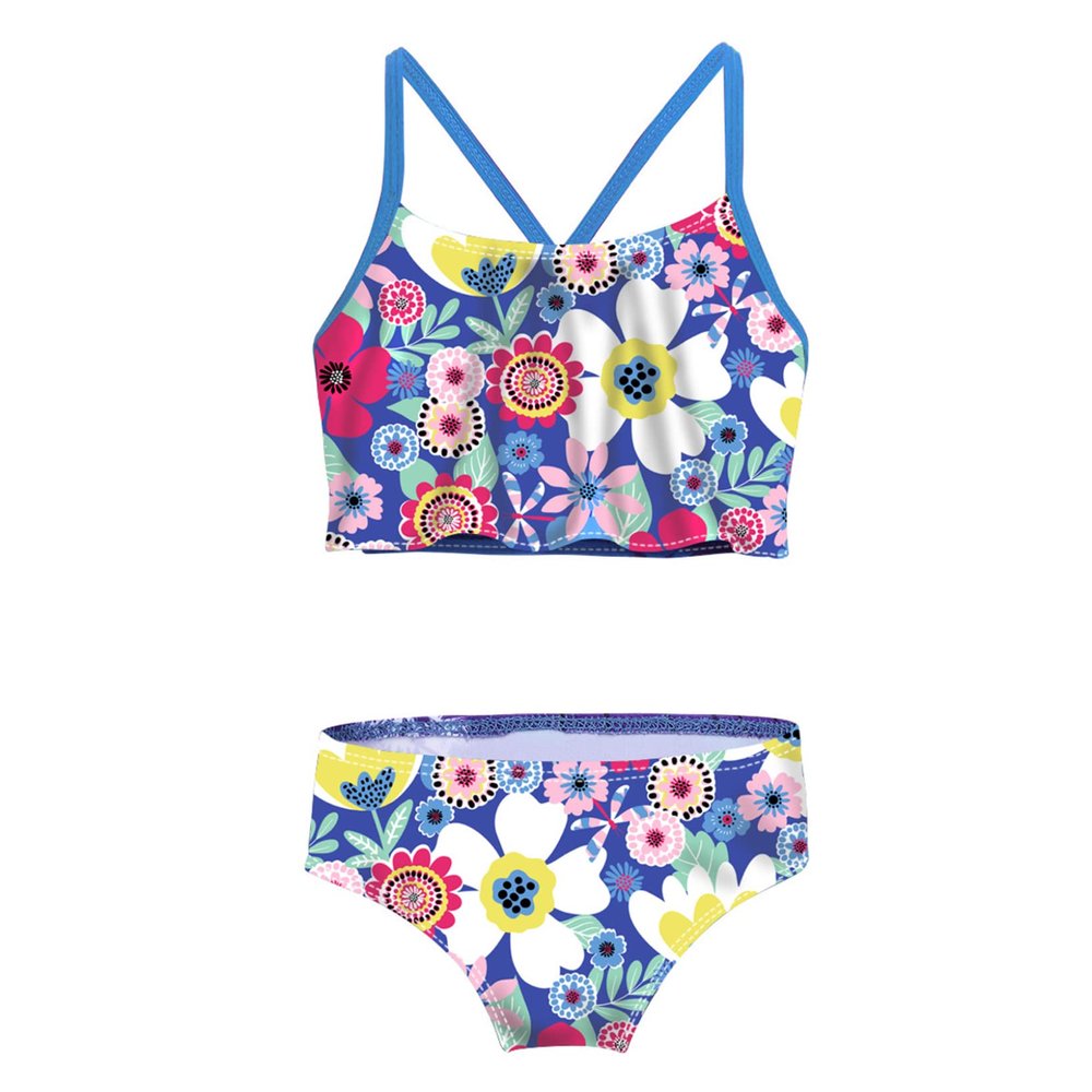 QinCiao Big Girls 2PCS Tropical Palm Printed Tankini Swimsuit Flounce Tops with Bikini Bottom Beach wear Bathing Suit Tulip Blue 3-4