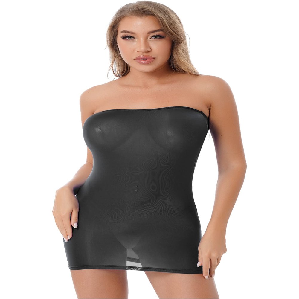 ACSUSS Sexy Women Ice Silk Tight Pencil Cute Dress Smooth Micro Mini Dress Transparent Bandage Dress Black One Size